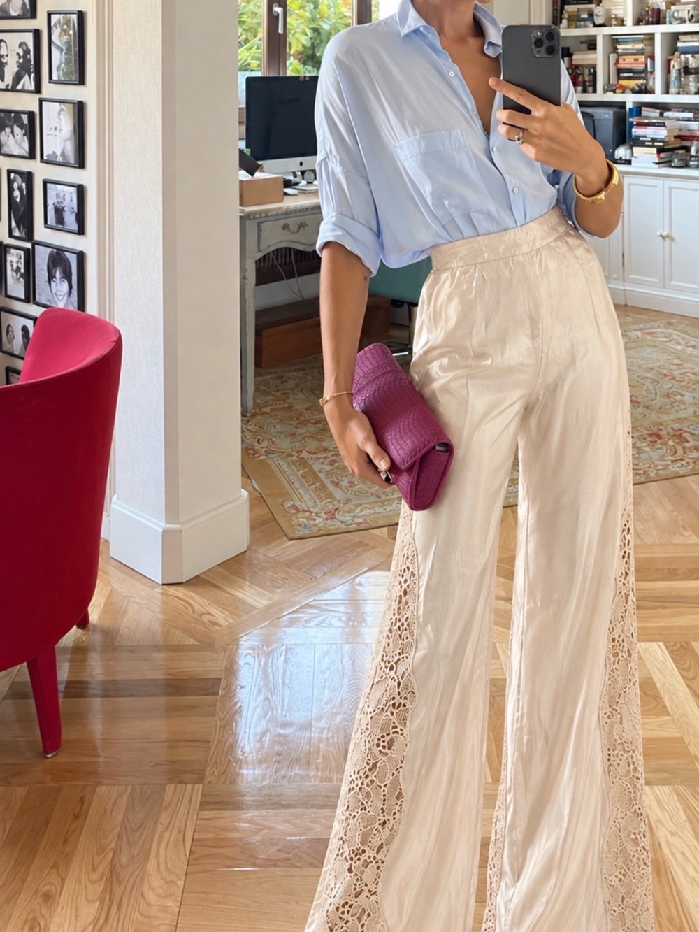 NWT H&M Cream Satin Silky Wide Leg Pants Lace Panel Palazzo Trousers